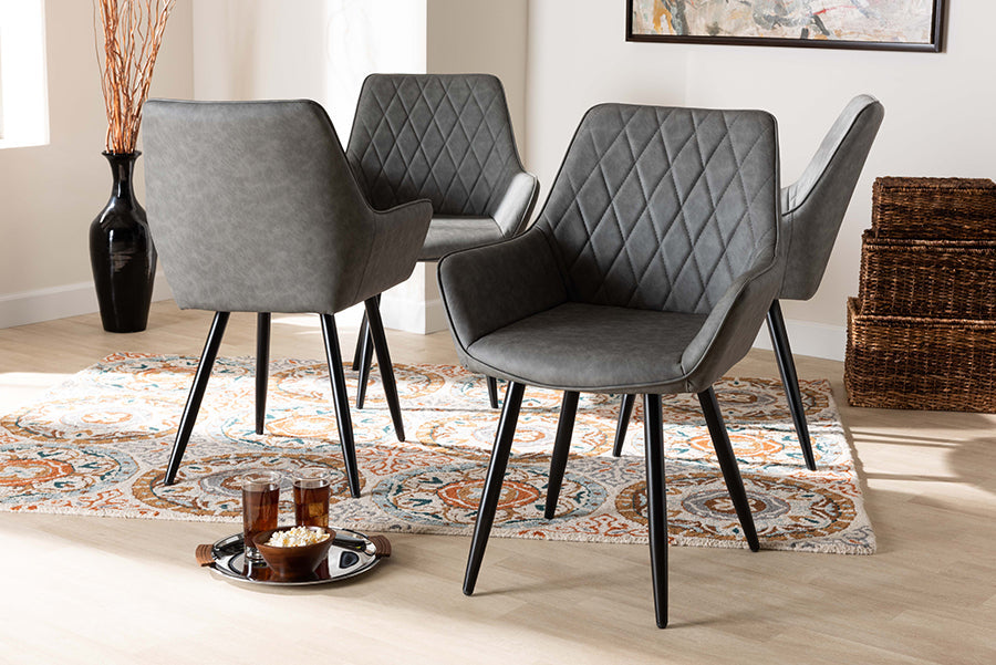 Baxton Studio Astrid Mid-Century Contemporary Grey Faux Leather Upholstered and Black Metal 4-Piece Dining Chair Set