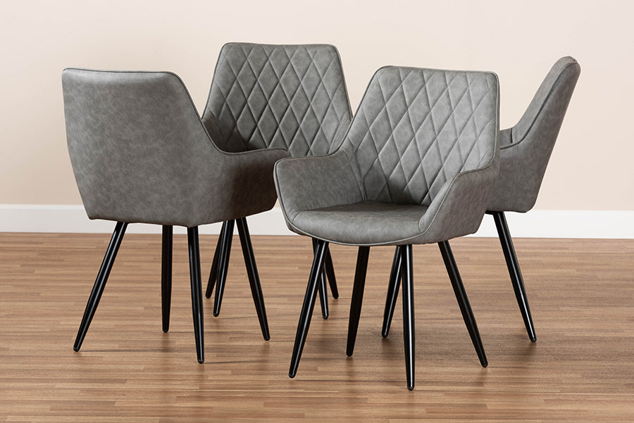 Baxton Studio Astrid Mid-Century Contemporary Grey Faux Leather Upholstered and Black Metal 4-Piece Dining Chair Set