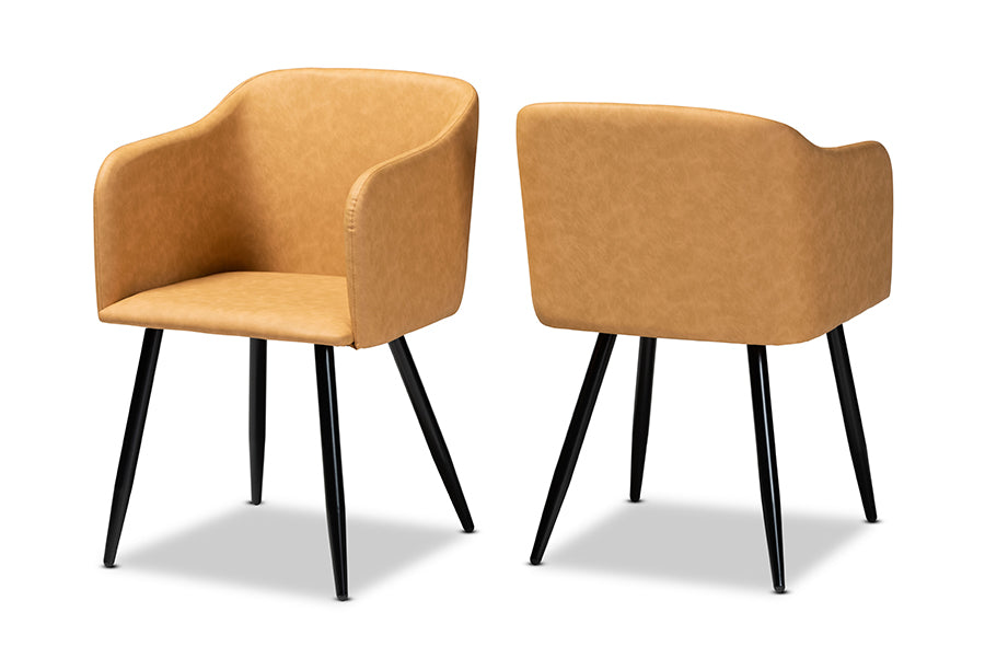 Baxton Studio Eris Mid-Century Contemporary Tan Faux Leather Upholstered and Black Metal 2-Piece Dining Chair Set