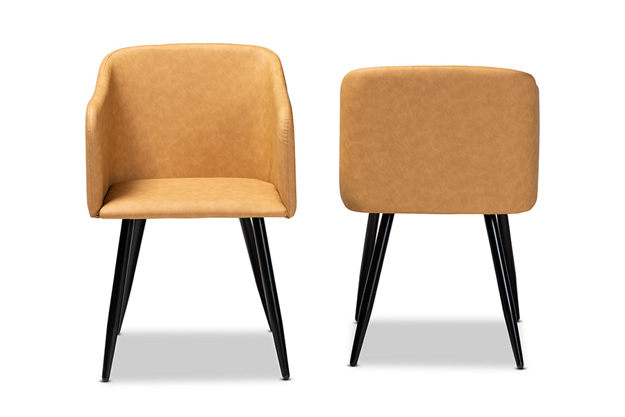 Baxton Studio Eris Mid-Century Contemporary Tan Faux Leather Upholstered and Black Metal 2-Piece Dining Chair Set