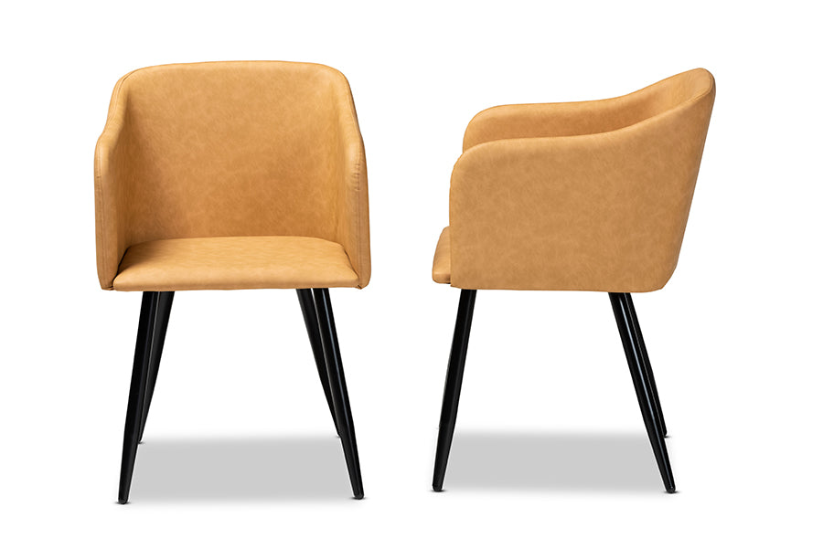 Baxton Studio Eris Mid-Century Contemporary Tan Faux Leather Upholstered and Black Metal 2-Piece Dining Chair Set