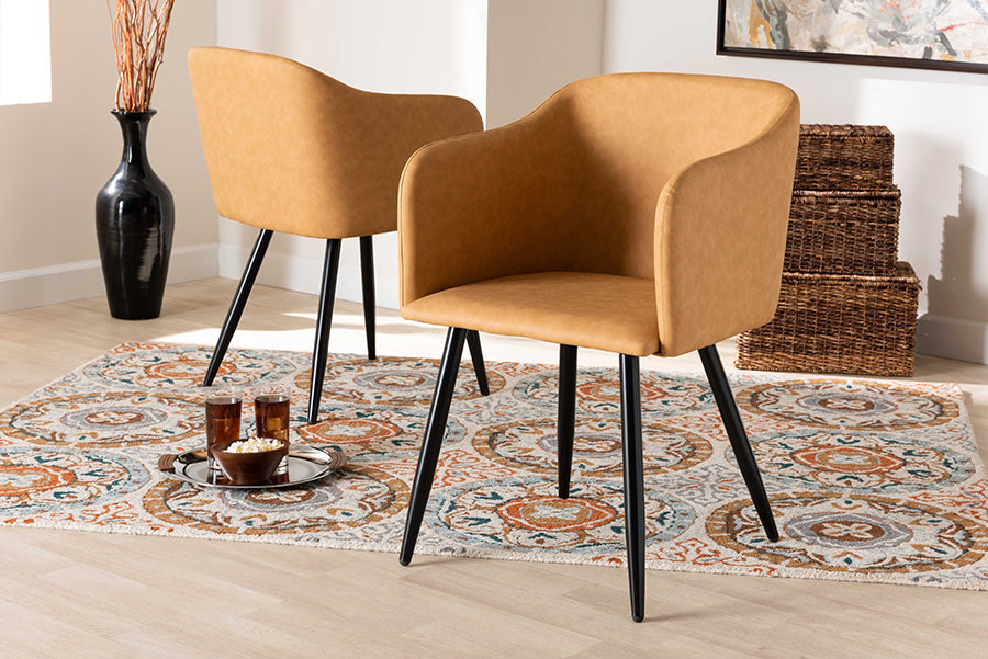 Baxton Studio Eris Mid-Century Contemporary Tan Faux Leather Upholstered and Black Metal 2-Piece Dining Chair Set