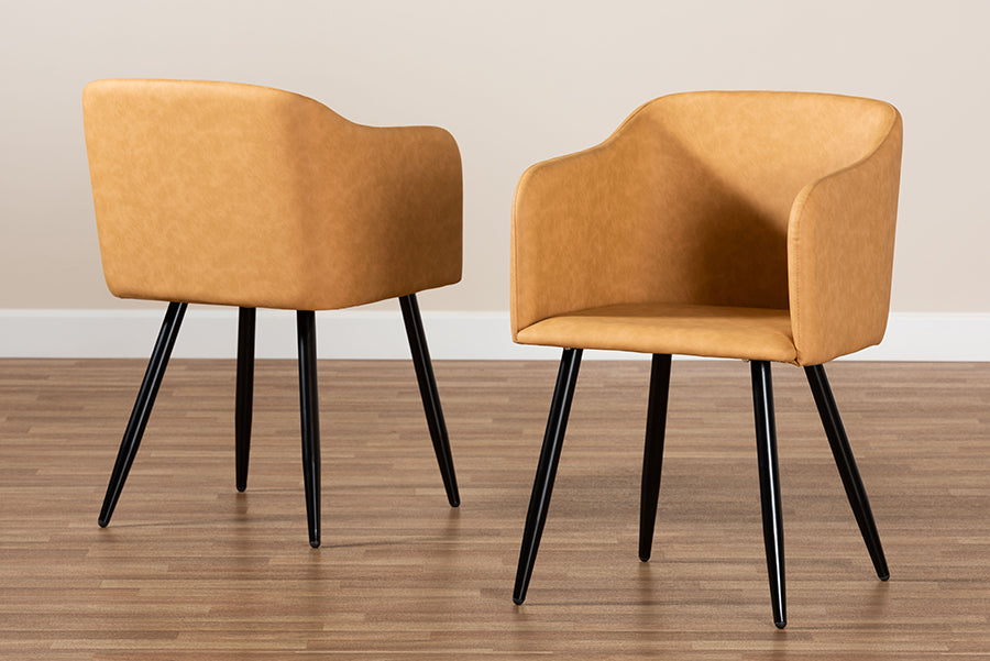 Baxton Studio Eris Mid-Century Contemporary Tan Faux Leather Upholstered and Black Metal 2-Piece Dining Chair Set