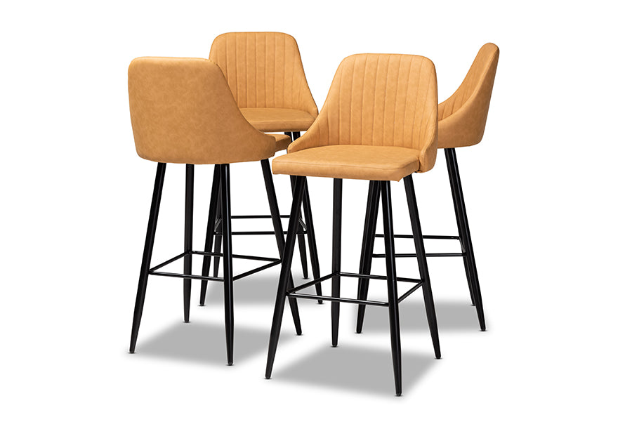 Baxton Studio Walter Mid-Century Contemporary Tan Faux Leather Upholstered and Black Metal 4-Piece Bar Stool Set