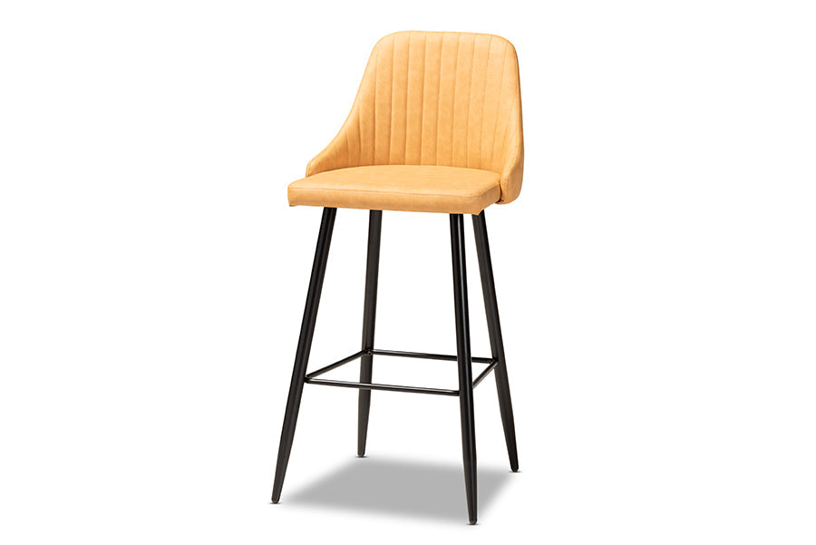 Baxton Studio Walter Mid-Century Contemporary Tan Faux Leather Upholstered and Black Metal 4-Piece Bar Stool Set