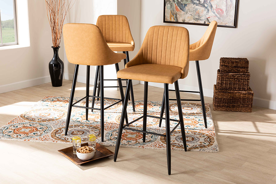 Baxton Studio Walter Mid-Century Contemporary Tan Faux Leather Upholstered and Black Metal 4-Piece Bar Stool Set