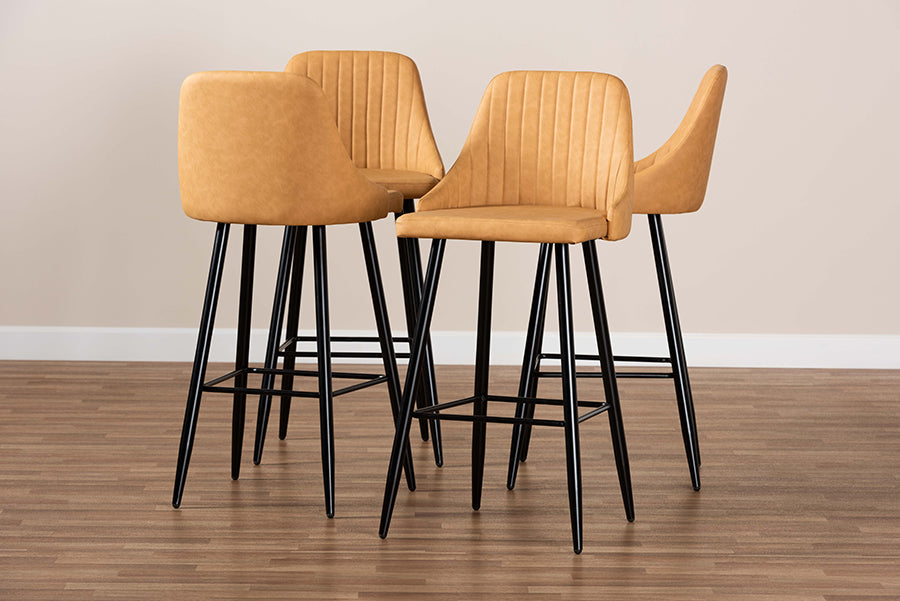 Baxton Studio Walter Mid-Century Contemporary Tan Faux Leather Upholstered and Black Metal 4-Piece Bar Stool Set