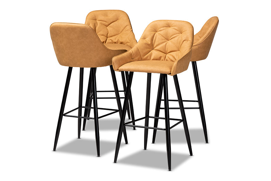 Baxton Studio Catherine Modern and Contemporary Tan Faux Leather Upholstered and Black Metal 4-Piece Bar Stool Set