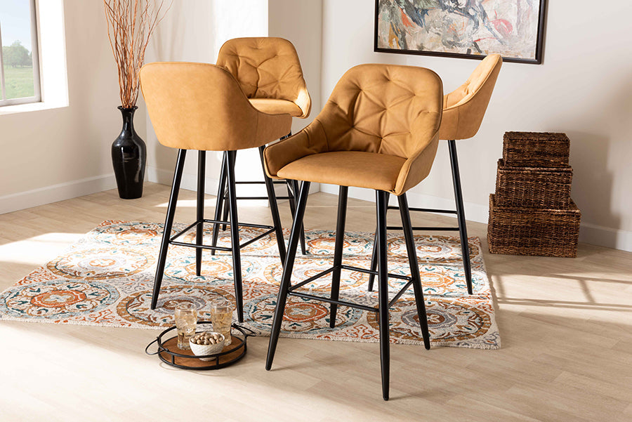 Baxton Studio Catherine Modern and Contemporary Tan Faux Leather Upholstered and Black Metal 4-Piece Bar Stool Set