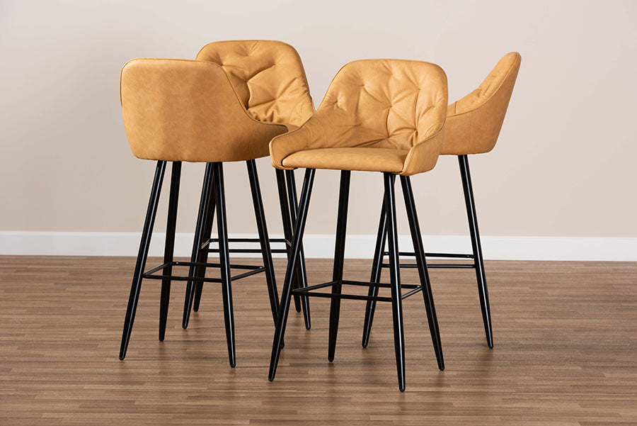 Baxton Studio Catherine Modern and Contemporary Tan Faux Leather Upholstered and Black Metal 4-Piece Bar Stool Set