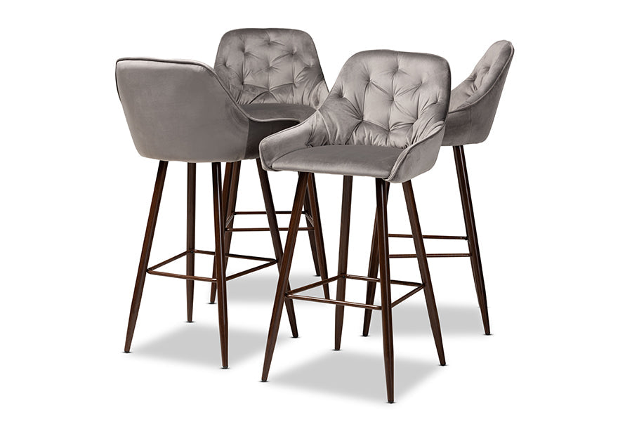 Baxton Studio Catherine Modern and Contemporary Grey Velvet Fabric Upholstered and Walnut Finished 4-Piece Bar Stool Set