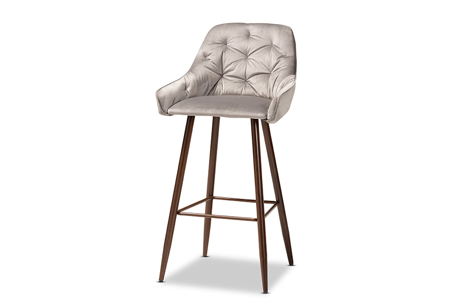 Baxton Studio Catherine Modern and Contemporary Grey Velvet Fabric Upholstered and Walnut Finished 4-Piece Bar Stool Set