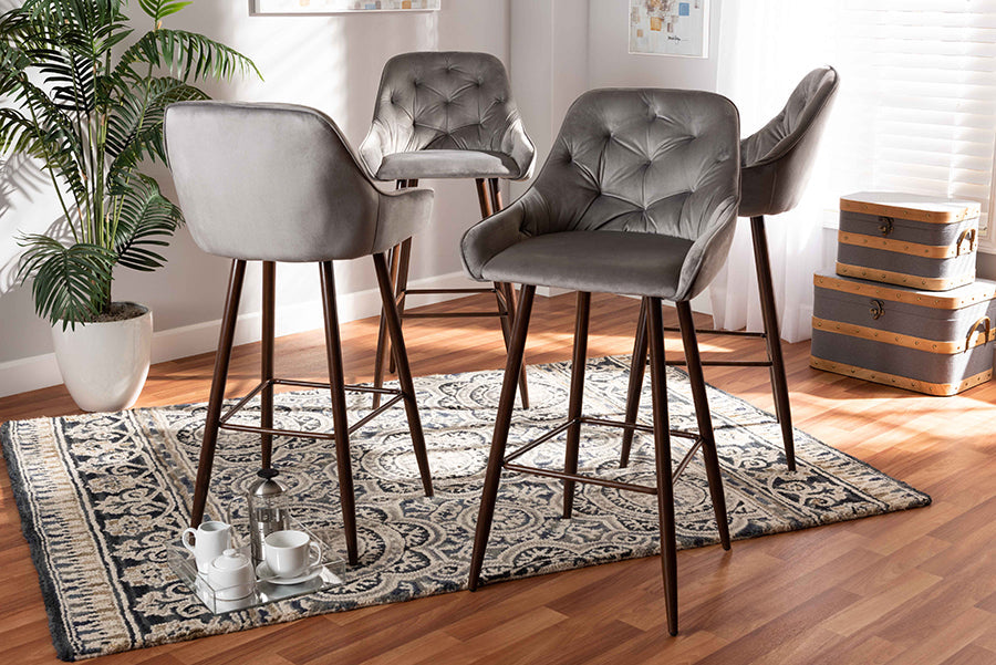 Baxton Studio Catherine Modern and Contemporary Grey Velvet Fabric Upholstered and Walnut Finished 4-Piece Bar Stool Set