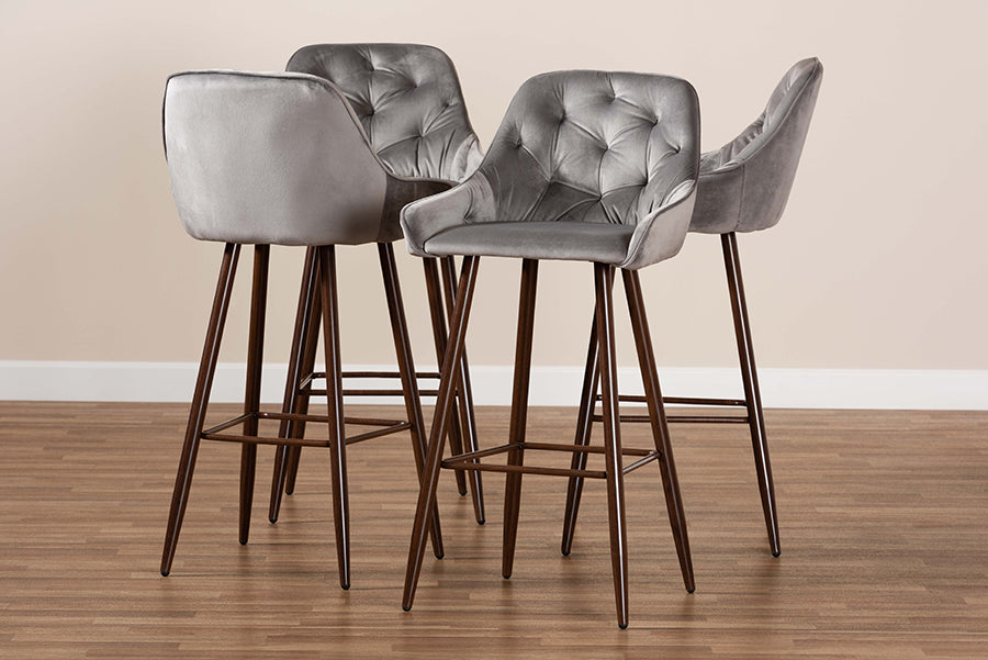 Baxton Studio Catherine Modern and Contemporary Grey Velvet Fabric Upholstered and Walnut Finished 4-Piece Bar Stool Set