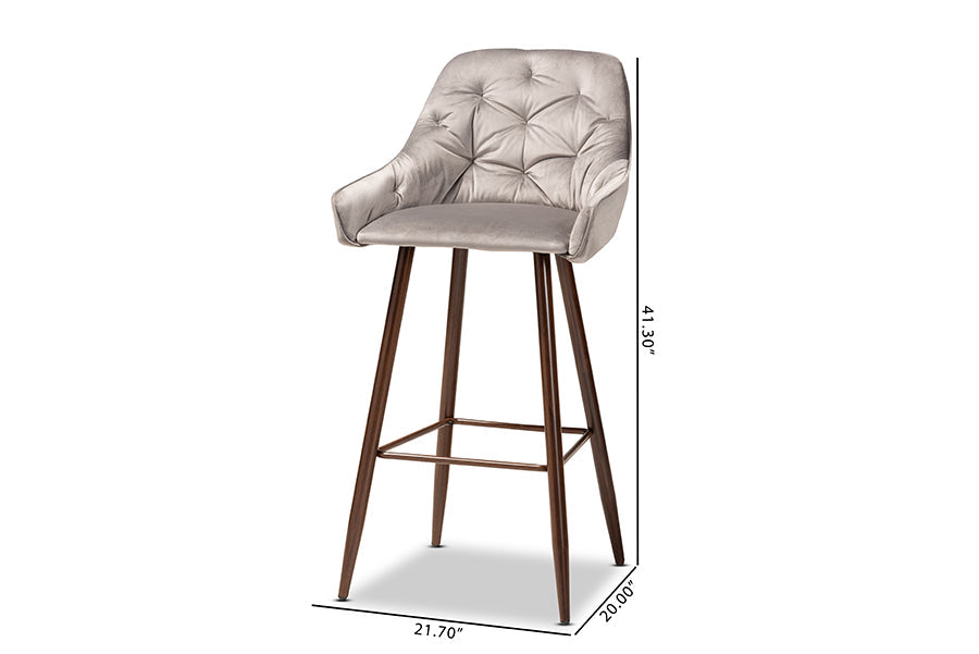 Baxton Studio Catherine Modern and Contemporary Grey Velvet Fabric Upholstered and Walnut Finished 4-Piece Bar Stool Set