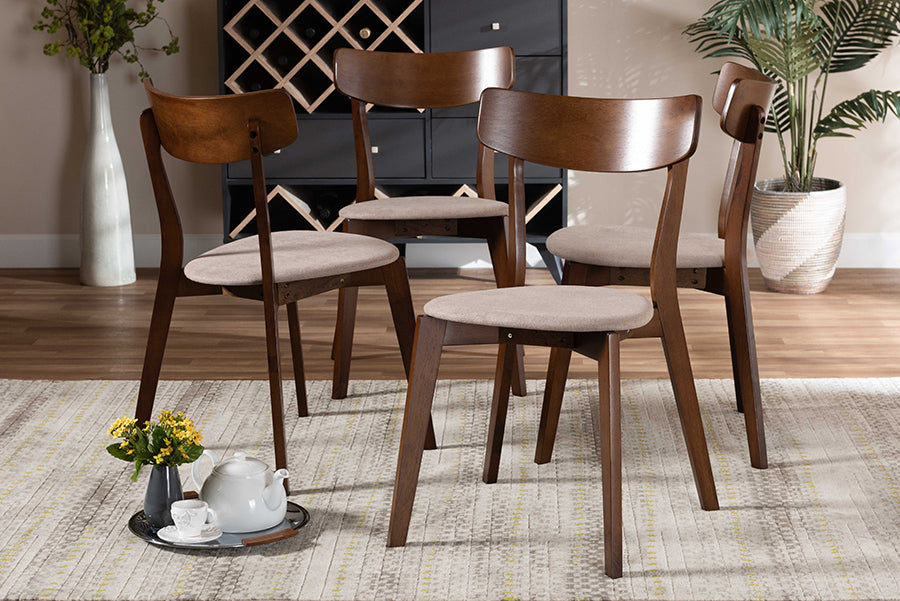 Baxton Studio Iora Mid-Century Modern Transitional Light Beige Fabric Upholstered and Walnut Brown Finished Wood 4-Piece Dining Chair Set