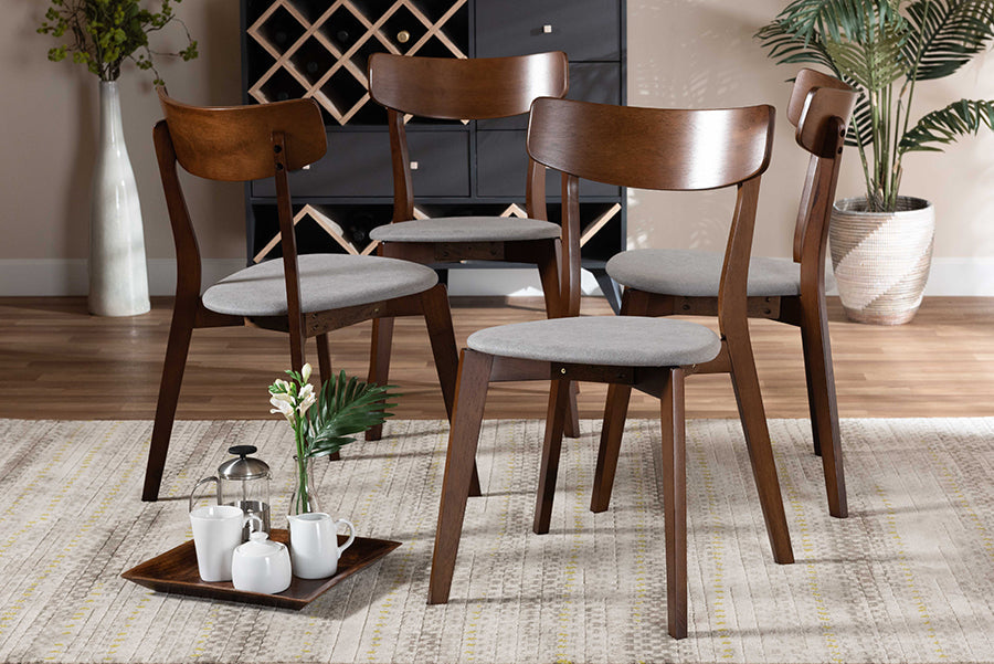 Baxton Studio Iora Mid-Century Modern Transitional Light Grey Fabric Upholstered and Walnut Brown Finished Wood 4-Piece Dining Chair Set
