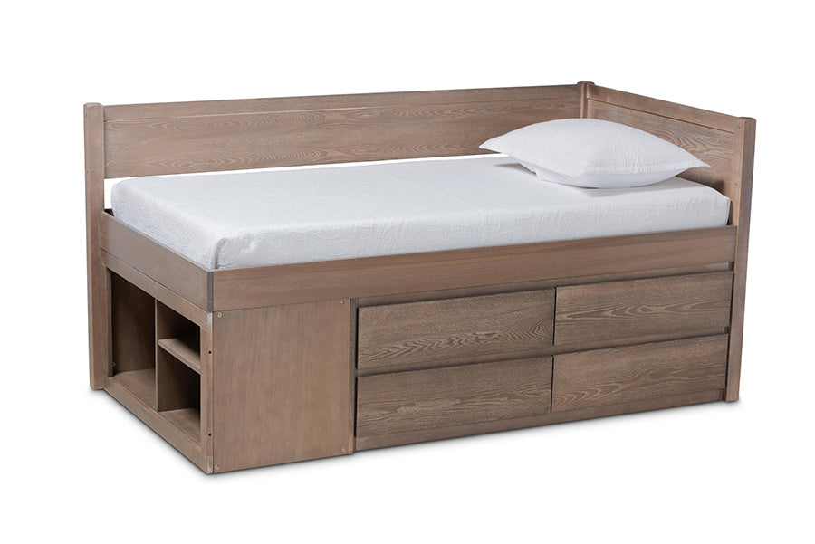 Baxton Studio Levon Modern and Contemporary Antique Oak Finished Wood 4-Drawer Twin Size Storage Bed