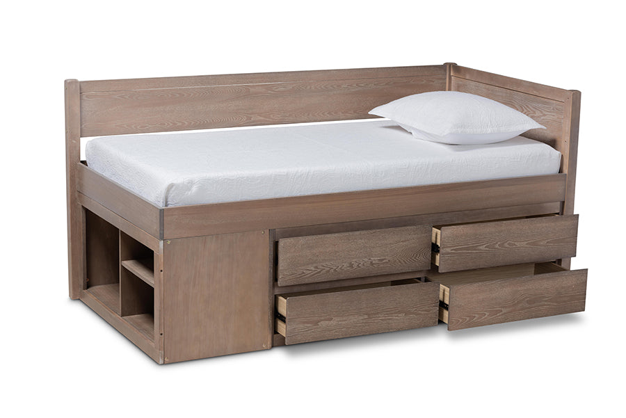 Baxton Studio Levon Modern and Contemporary Antique Oak Finished Wood 4-Drawer Twin Size Storage Bed