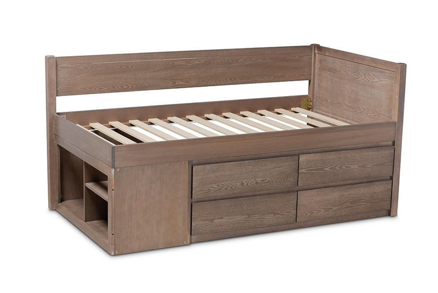 Baxton Studio Levon Modern and Contemporary Antique Oak Finished Wood 4-Drawer Twin Size Storage Bed