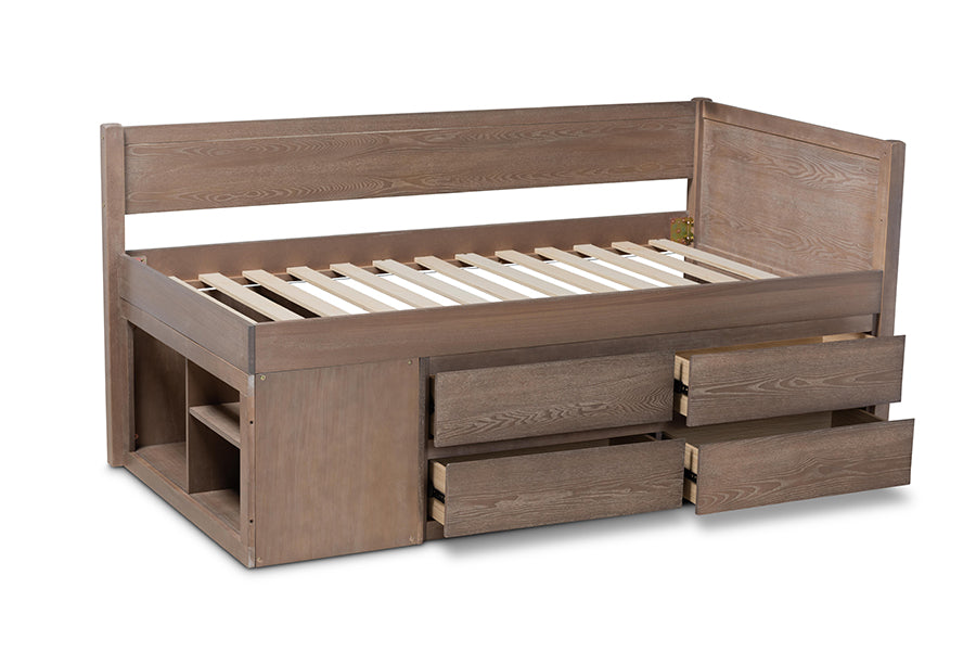Baxton Studio Levon Modern and Contemporary Antique Oak Finished Wood 4-Drawer Twin Size Storage Bed
