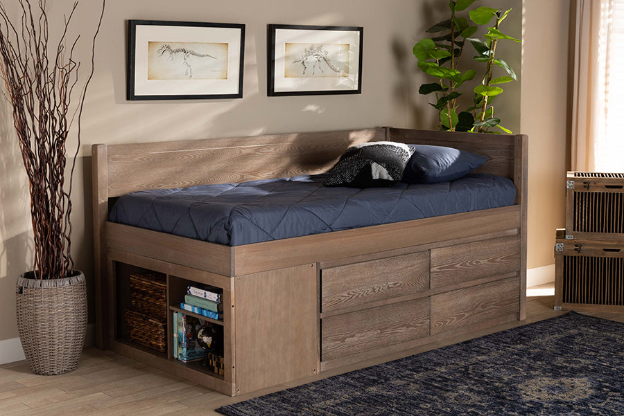 Baxton Studio Levon Modern and Contemporary Antique Oak Finished Wood 4-Drawer Twin Size Storage Bed