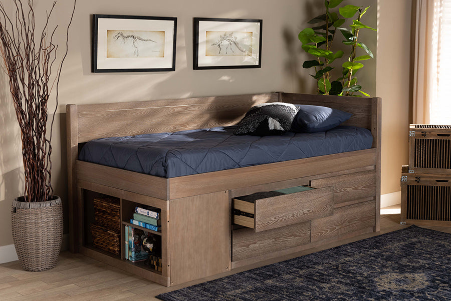 Baxton Studio Levon Modern and Contemporary Antique Oak Finished Wood 4-Drawer Twin Size Storage Bed