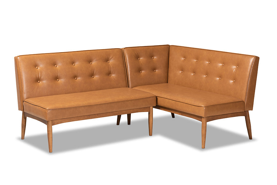 Baxton Studio Arvid Mid-Century Modern Tan Faux Leather Upholstered and Walnut Brown Finished 2-Piece Wood Dining Nook Banquette Set