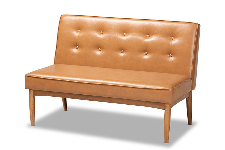 Baxton Studio Arvid Mid-Century Modern Tan Faux Leather Upholstered and Walnut Brown Finished 2-Piece Wood Dining Nook Banquette Set