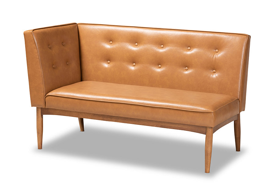 Baxton Studio Arvid Mid-Century Modern Tan Faux Leather Upholstered and Walnut Brown Finished 2-Piece Wood Dining Nook Banquette Set