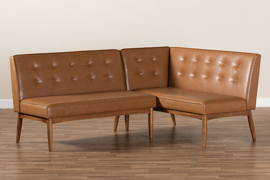 Baxton Studio Arvid Mid-Century Modern Tan Faux Leather Upholstered and Walnut Brown Finished 2-Piece Wood Dining Nook Banquette Set