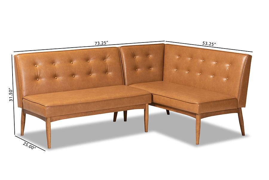 Baxton Studio Arvid Mid-Century Modern Tan Faux Leather Upholstered and Walnut Brown Finished 2-Piece Wood Dining Nook Banquette Set