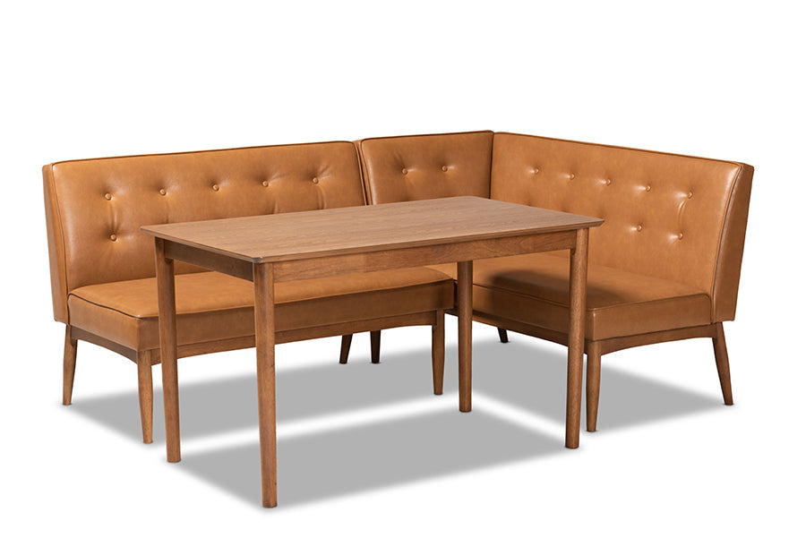 Baxton Studio Arvid Mid-Century Modern Tan Faux Leather Upholstered and Walnut Brown Finished Wood 3-Piece Dining Nook Set