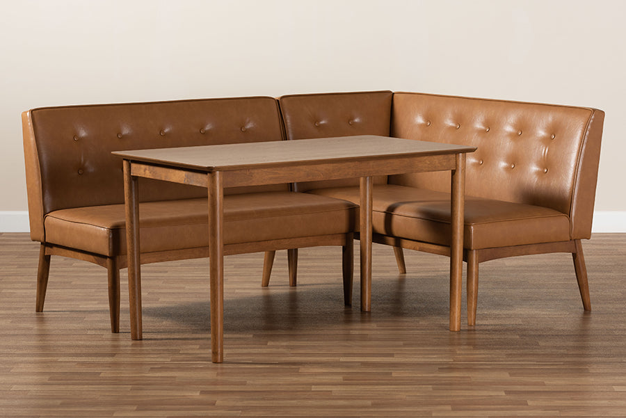 Baxton Studio Arvid Mid-Century Modern Tan Faux Leather Upholstered and Walnut Brown Finished Wood 3-Piece Dining Nook Set