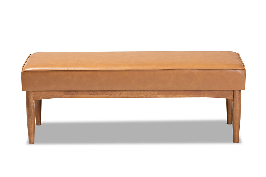Baxton Studio Arvid Mid-Century Modern Tan Faux Leather Upholstered and Walnut Brown Finished Wood Dining Bench