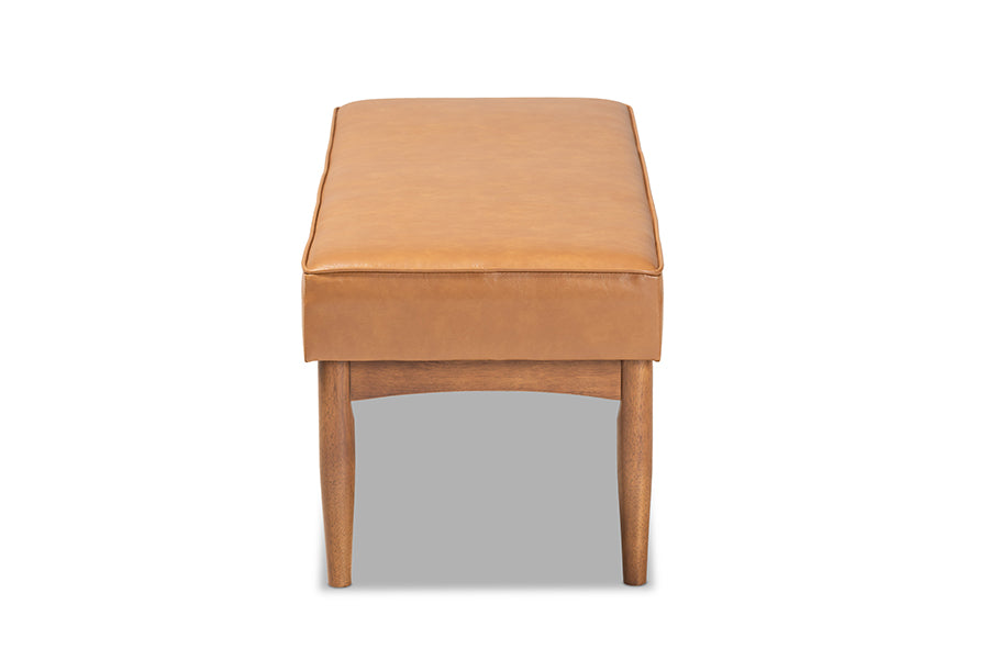 Baxton Studio Arvid Mid-Century Modern Tan Faux Leather Upholstered and Walnut Brown Finished Wood Dining Bench