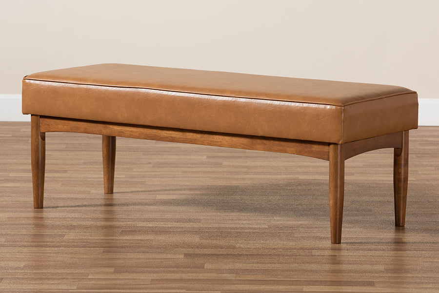 Baxton Studio Arvid Mid-Century Modern Tan Faux Leather Upholstered and Walnut Brown Finished Wood Dining Bench