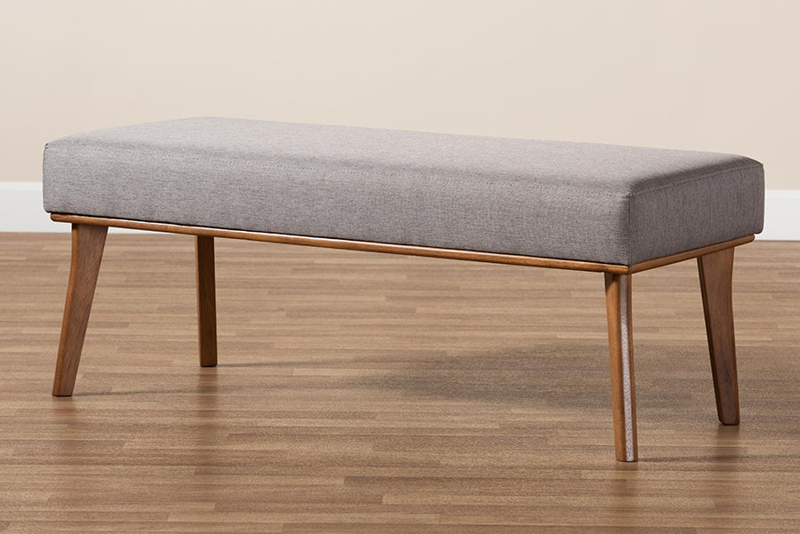 Baxton Studio Odessa Mid-Century Modern Grey Fabric Upholstered and Walnut Brown Finished Wood Dining Bench
