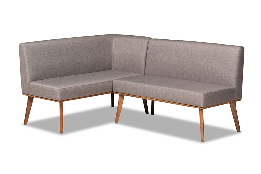 Baxton Studio Odessa Mid-Century Modern Grey Fabric Upholstered and Walnut Brown Finished 2-Piece Wood Dining Nook Banquette Set