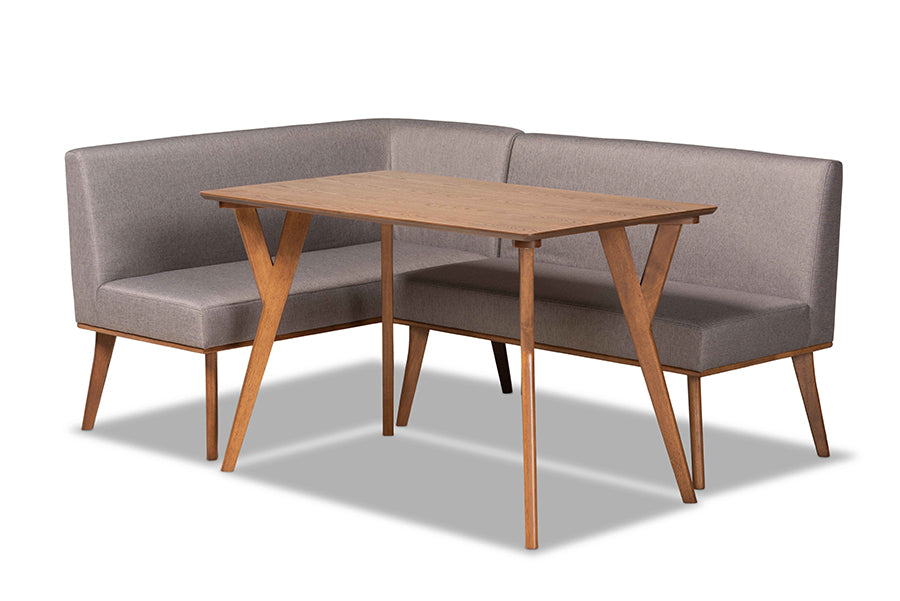 Baxton Studio Odessa Mid-Century Modern Grey Fabric Upholstered and Walnut Brown Finished Wood 3-Piece Dining Nook Set