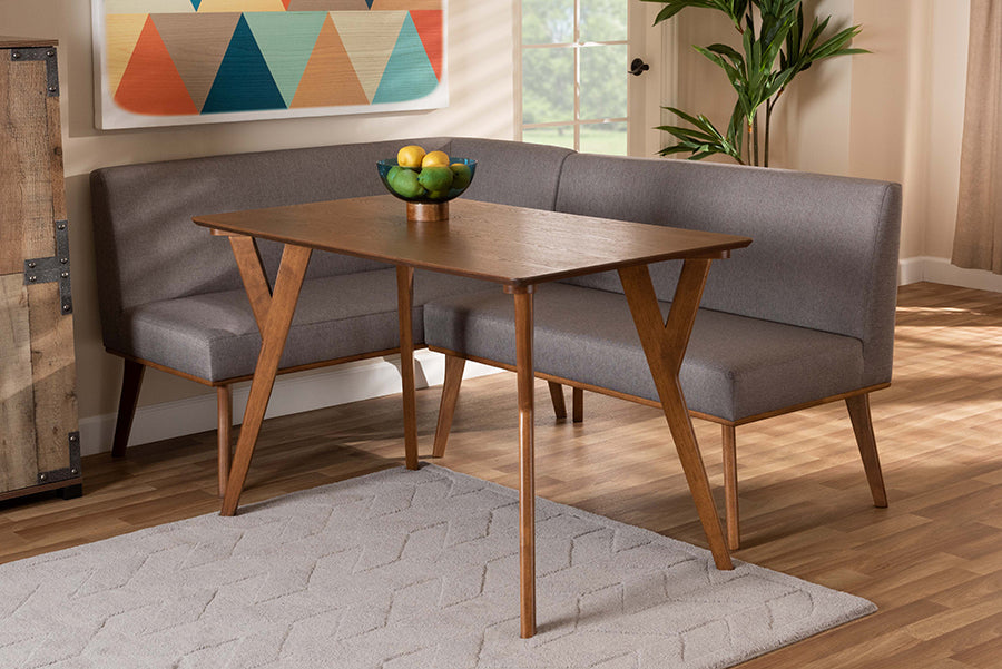 Baxton Studio Odessa Mid-Century Modern Grey Fabric Upholstered and Walnut Brown Finished Wood 3-Piece Dining Nook Set