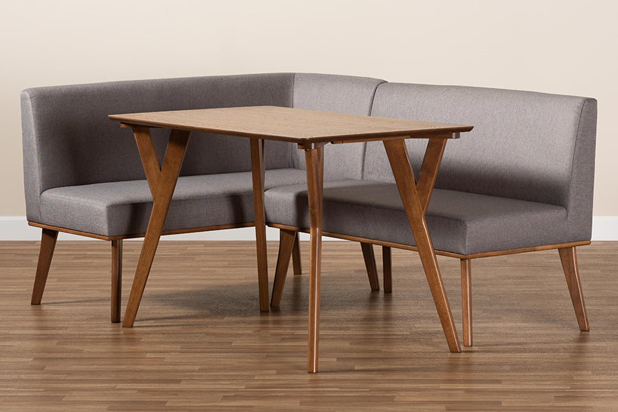 Baxton Studio Odessa Mid-Century Modern Grey Fabric Upholstered and Walnut Brown Finished Wood 3-Piece Dining Nook Set