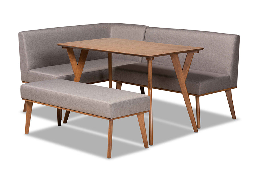 Baxton Studio Odessa Mid-Century Modern Grey Fabric Upholstered and Walnut Brown Finished Wood 4-Piece Dining Nook Set