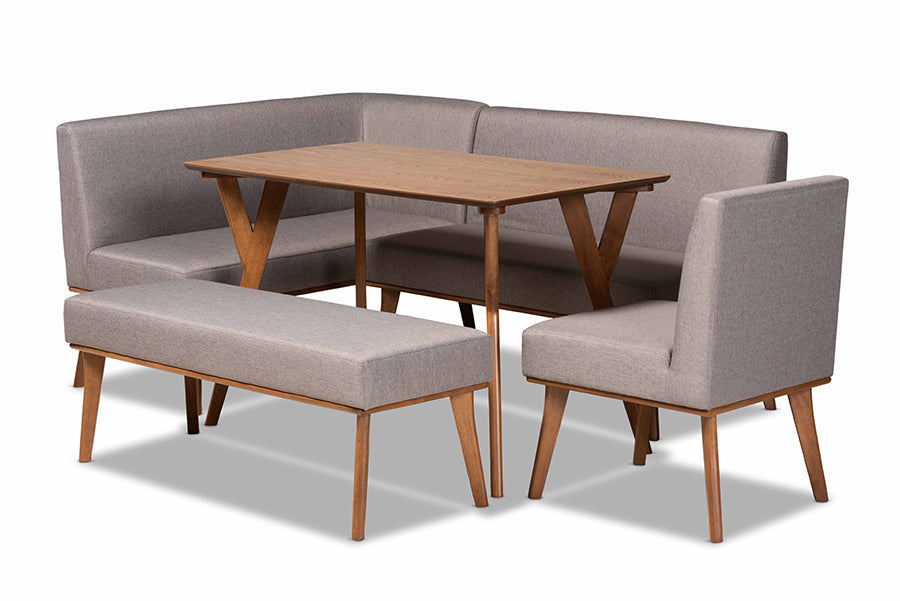 Baxton Studio Odessa Mid-Century Modern Grey Fabric Upholstered and Walnut Brown Finished Wood 5-Piece Dining Nook Set