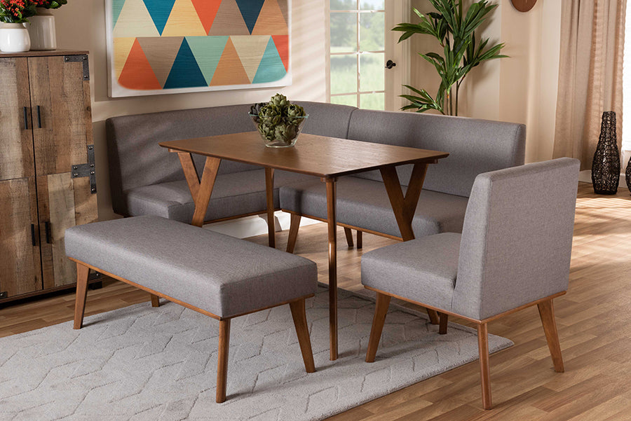 Baxton Studio Odessa Mid-Century Modern Grey Fabric Upholstered and Walnut Brown Finished Wood 5-Piece Dining Nook Set