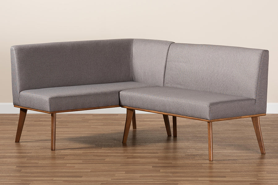 Baxton Studio Odessa Mid-Century Modern Grey Fabric Upholstered and Walnut Brown Finished 2-Piece Wood Dining Nook Banquette Set