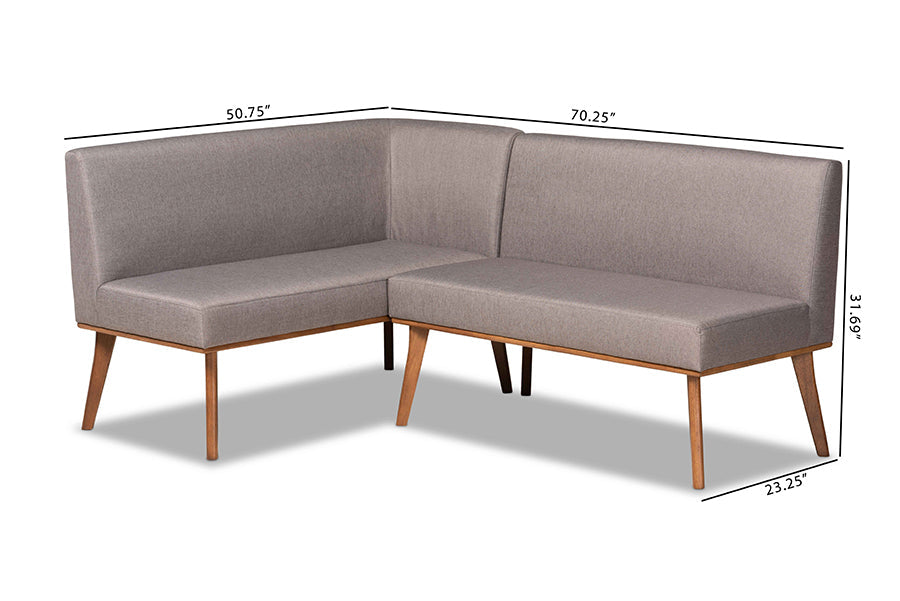 Baxton Studio Odessa Mid-Century Modern Grey Fabric Upholstered and Walnut Brown Finished 2-Piece Wood Dining Nook Banquette Set
