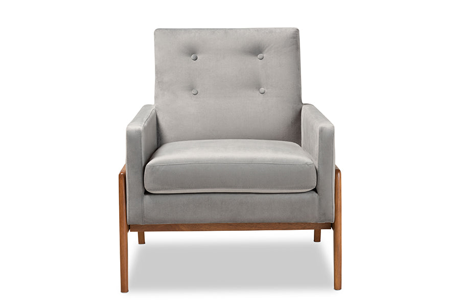 Baxton Studio Perris Mid-Century Modern Grey Velvet Fabric Upholstered and Walnut Brown Finished Wood Lounge Chair