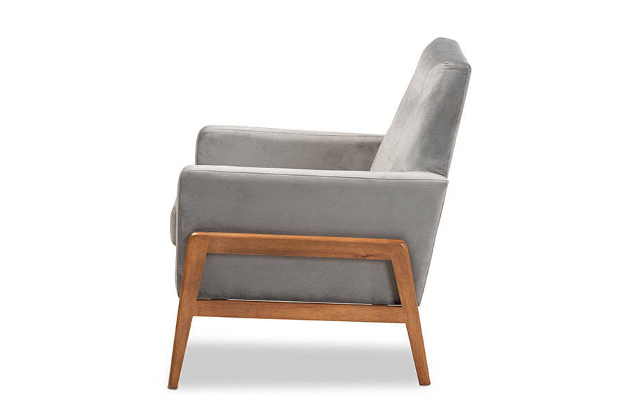 Baxton Studio Perris Mid-Century Modern Grey Velvet Fabric Upholstered and Walnut Brown Finished Wood Lounge Chair