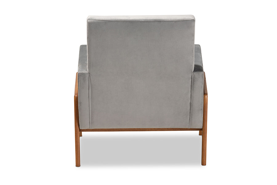 Baxton Studio Perris Mid-Century Modern Grey Velvet Fabric Upholstered and Walnut Brown Finished Wood Lounge Chair